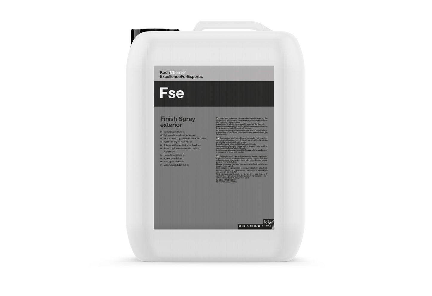Koch Chemie Finish Spray Exterior FSE 車身除水垢護養劑 水垢去除劑 快速細節噴霧 車身護理噴霧 外部清潔噴霧 全能車身清潔 去除水漬 去除礦物沉積 去除石灰殘留 快速除水垢 清潔維護保護 一步完成 恢復色彩深度 顏色深化 無條紋高光澤 無條紋光澤 平滑表面 恢復光滑度 防止污垢附著 防塵 防污 陶瓷鍍膜維護 鍍膜養護 洗車後護理 快速保養 外部表面適用 車漆適用 玻璃適用 塑料適用 頭燈清潔 德國製 德國品牌 10公升 10L 大容量 專業店家 商業用 產品型號285010 汽車美容 汽車護理 車漆養護 車主必備 愛車護理 香港汽車用品 汽車用品推薦 香港網購 原裝正貨 正貨保證 專業汽車護理 優質汽車用品 立即選購 現貨 車友推薦 口碑推薦 值得信賴 高品質 信賴品牌 汽車護理專家 清潔護理用品 汽車精品 汽車保養品 日常維護 噴灑擦拭 微纖維布 Profi微纖維布 施工簡單 省時省力 高效清潔 卓越品質 滿意保證 安心購買 香港行貨 快速出貨 現貨供應 會員優惠 滿額免運 免費送貨 無憂購物 車身外部 漆面護理 玻璃清潔 塑料護理 多功能 高品質 有效清潔 完美搭配