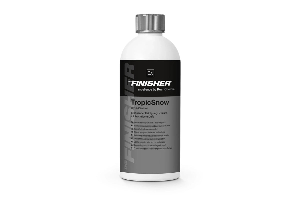 德國Koch-Chemie TropicSnow中性高泡沫洗車液,香港現貨發售。本品為pH中性且用途廣泛的濃厚泡沫洗車液,能產生均勻且附著力強的豐厚泡沫層,長時間停留在車身表面,有效包覆並乳化分解污垢,實現溫和且深層的清潔效果。溫和保護PPF、鍍膜或蠟層,不被清洗過程破壞。迷人的熱帶水果香氣為洗車過程帶來愉悅感受。適用於泡沫槍、泡沫噴壺或手洗。建議稀釋比例為1:100。香港潮濕多雨,本品能有效提升洗車效率與車漆保護。