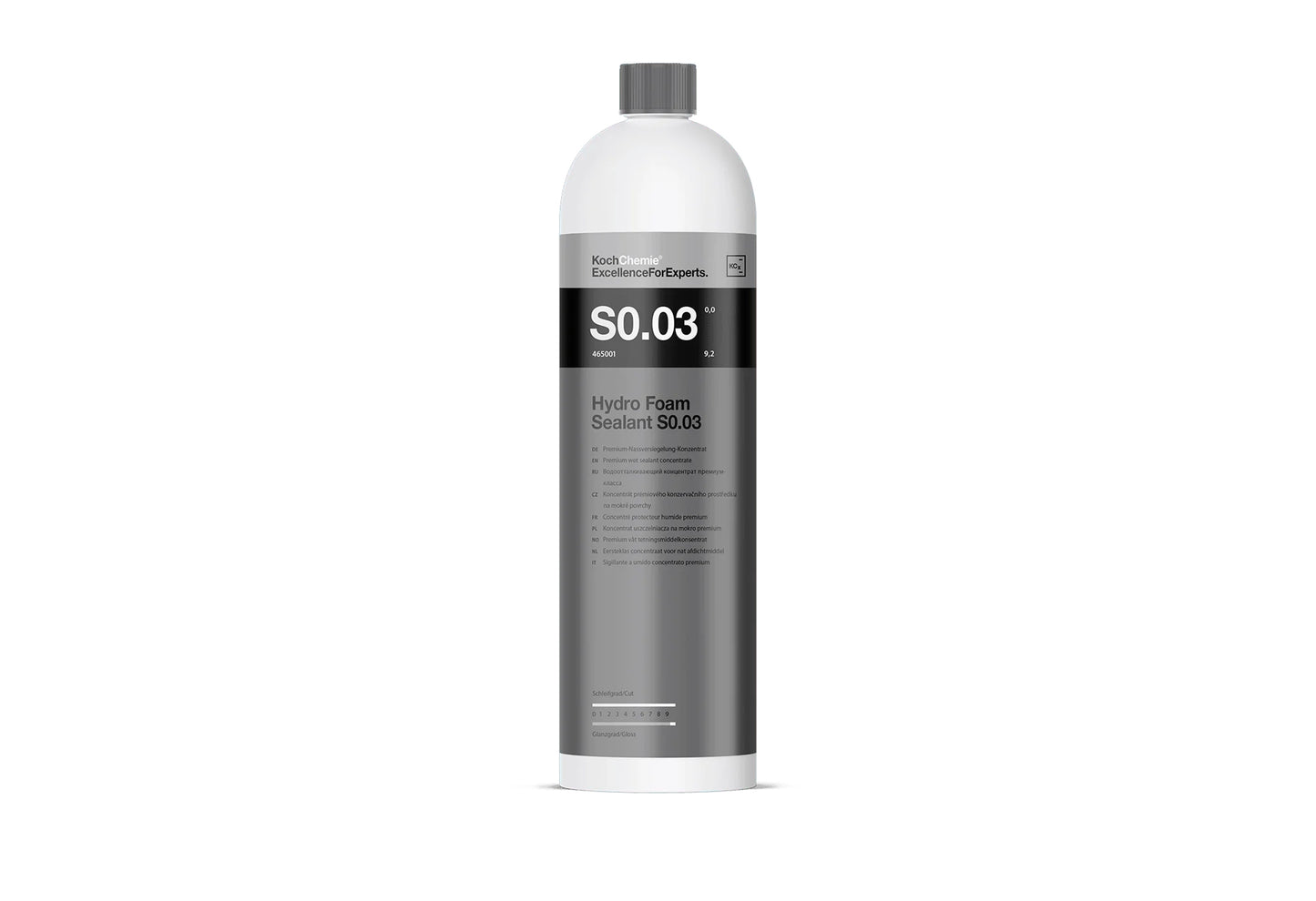 Koch-Chemie Hydro Foam Sealant S0.03 1L 濃縮泡沫鍍膜劑 洗車用品 汽車清潔用品 Hydro Foam Sealant S0.03 濕式密封鍍膜 濕式密封劑 泡沫密封劑 濃縮泡沫鍍膜劑 高光澤密封劑 疏水保護 超疏水 撥水效果 水珠效應 天鵝絨觸感 絲滑觸感 深邃光澤 高光澤 濕車施工 泡沫槍適用 噴霧器適用 pH中性 鍍膜車適用 陶瓷塗層安全 漆面保護 玻璃保護 塑料保護 可折疊車頂保護 防褪色 防脆化 防老化 車漆養護 汽車護理 汽車美容 車輛保養 車漆光澤 德國製 德國進口 1公升裝 1L 產品型號465001 車身護理 漆面護理 車漆保護劑 快速保護 日常維護 洗車後護理 噴塗式封體 快速細節護理 專業汽車護理 DIY汽車美容 車主必備 愛車護理 香港汽車用品 汽車用品推薦 香港網購 原裝正貨 正貨保證 汽車精品 優質汽車用品 立即選購 現貨 車友推薦 口碑推薦 值得信賴 高品質 信賴品牌 汽車護理專家 商用車漆面 電單車漆面 軟頂蓬 開蓬車頂 噴塗後沖洗 短暫反應 即稀即用 清潔濕潤漆面 避免陽光直射施工 分區施工 引擎蓋 車頂 長效保護 濃縮配方 稀釋使用 經