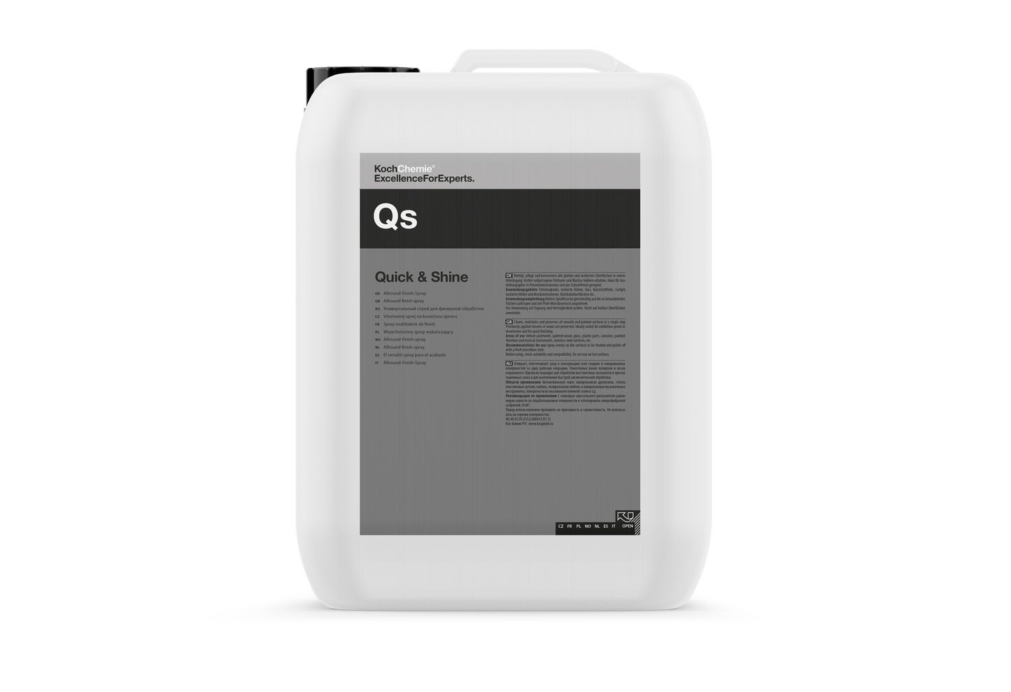 Koch Chemie Quick & Shine 10L 速效光澤護理噴霧 車身清潔 鍍膜 QS 速效光澤護理噴霧 全能細節噴霧 快乾護理噴霧 汽車快速護理 車漆護理噴霧 玻璃清潔噴霧 塑料保護噴霧 金屬表面清潔 不銹鋼清潔 清潔養護保護 三效合一 一步完成 蓮花效應 抗水抗污 防塵 防指紋 無條紋光澤 深邃色彩 明亮光澤 即用型噴霧 免稀釋 可直接使用 噴霧式護理 快速拋光 微纖維布擦拭 德國製 德國進口 Daimler認可 Daimler認證 Mercedes認可 10公升裝 10L 工業用大容量 專業級護理 展廳護理 展會護理 汽車美容 汽車護理 車身養護 漆面保護 車主必備 愛車護理 香港汽車用品 汽車用品推薦 香港網購 原裝正貨 正貨保證 型號168010 EAN 4260188681231 快速清潔 清除輕微污垢 去除指紋 適用漆面 適用玻璃 適用塑料 適用儀表板 適用家具 適用樂器 適用不銹鋼 保留既有蠟層 不傷塗層 安全配方 使用前測試 禁止熱表面 汽車精品 汽車保養品 清潔護理用品 專業汽車護理 優質汽車用品 立即選購 現貨 車友推薦 用家實證 Koch Chemie香港 高品質 信賴品牌