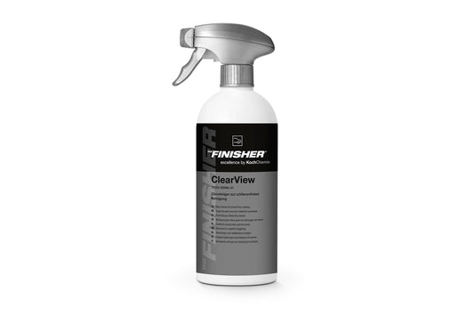 德國The Finisher ClearView玻璃清潔劑，香港現貨發售。本品為即用型玻璃清潔噴霧，能輕鬆去除油脂、指紋、道路塵埃與昆蟲殘漬。特殊配方添加光澤與平滑添加劑，使擦拭布順暢滑動，顯著減少清潔時的阻力與摩擦感，輕鬆實現無痕無紋的明亮效果。對車輛隔熱紙、感應器及防潑水塗層溫和無害。500ml容量，適用於汽車前後擋風玻璃、側窗、後視鏡，乃至家居鏡面與顯示器。香港潮濕多雨，玻璃易有水漬與油膜，本品能有效應對。